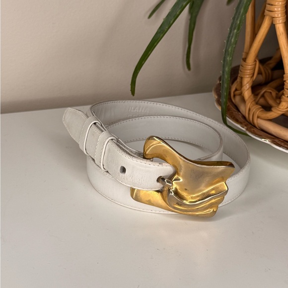 Ilana Goor White Leather Belt Sculptural Gold Buckle Vintage Artisan Designer M - Picture 3 of 9